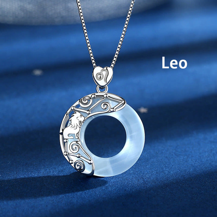 Buddha Stones Collar colgante de amor con soporte de ojo de gato con 12 constelaciones del zodiaco en plata de ley 925