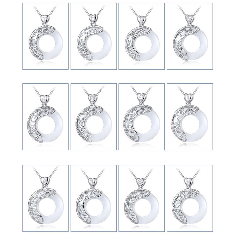Buddha Stones Collar colgante de amor con soporte de ojo de gato con 12 constelaciones del zodiaco en plata de ley 925