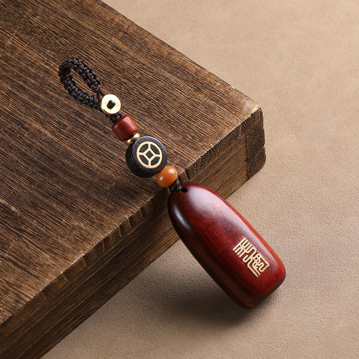 Buddha Stones Pequeña Hoja Sándalo Rojo Ébano Paz Moneda de Cobre Auspiciosa Protección Llavero
