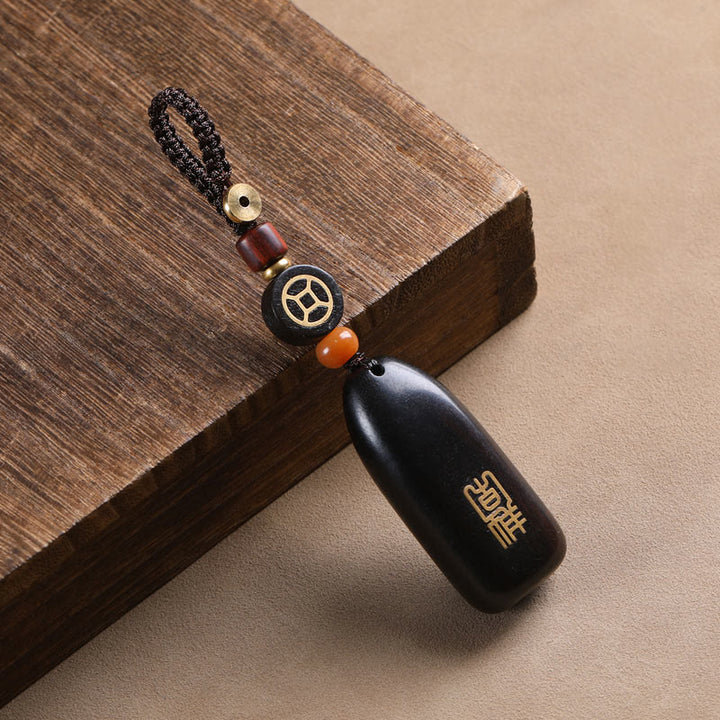 Buddha Stones Pequeña Hoja Sándalo Rojo Ébano Paz Moneda de Cobre Auspiciosa Protección Llavero