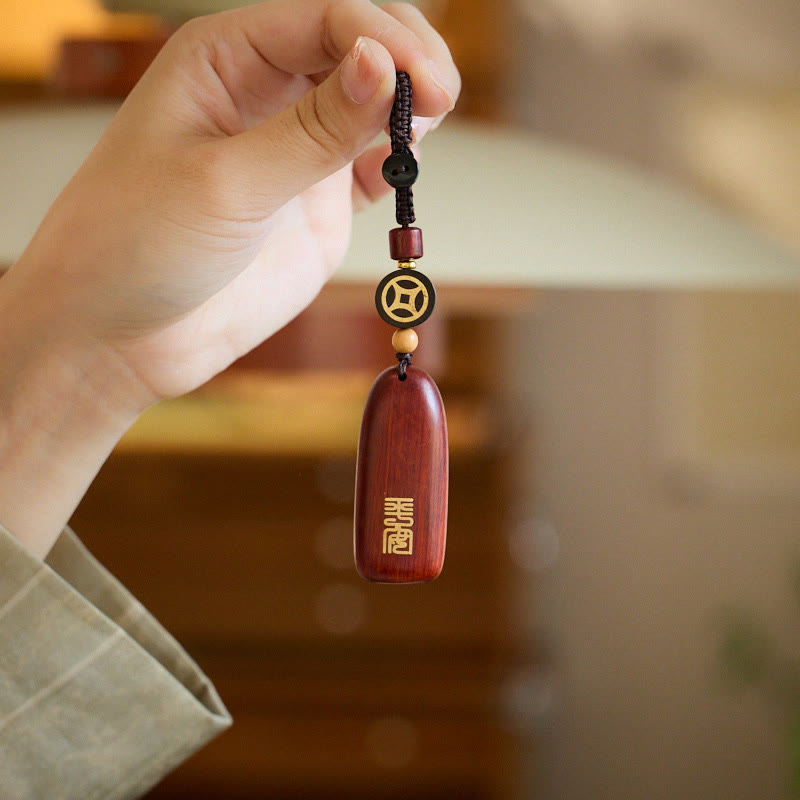 Buddha Stones Pequeña Hoja Sándalo Rojo Ébano Paz Moneda de Cobre Auspiciosa Protección Llavero