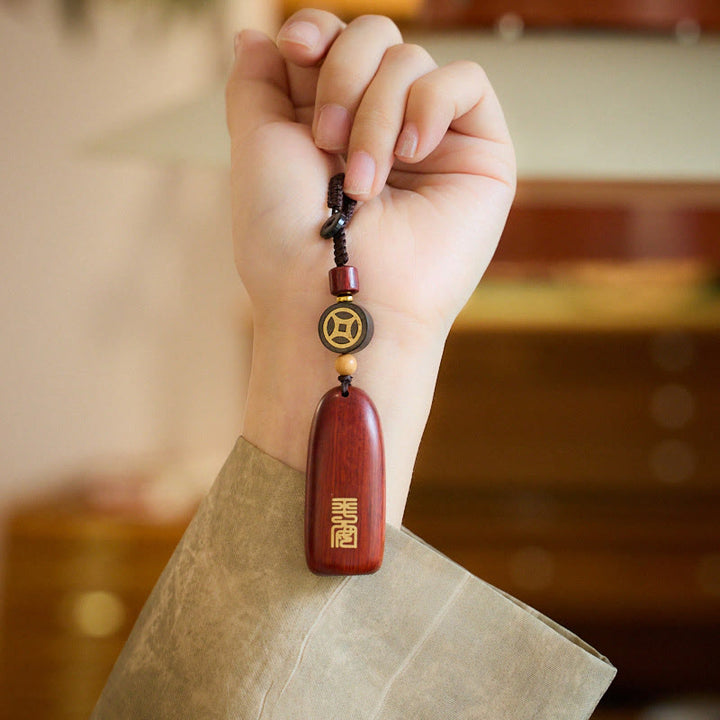 Buddha Stones Pequeña Hoja Sándalo Rojo Ébano Paz Moneda de Cobre Auspiciosa Protección Llavero