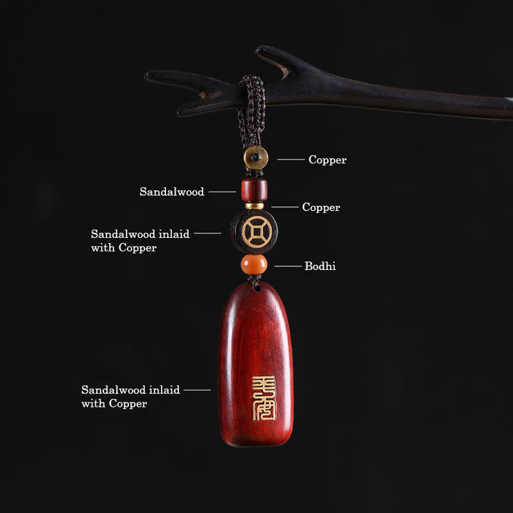Buddha Stones Pequeña Hoja Sándalo Rojo Ébano Paz Moneda de Cobre Auspiciosa Protección Llavero