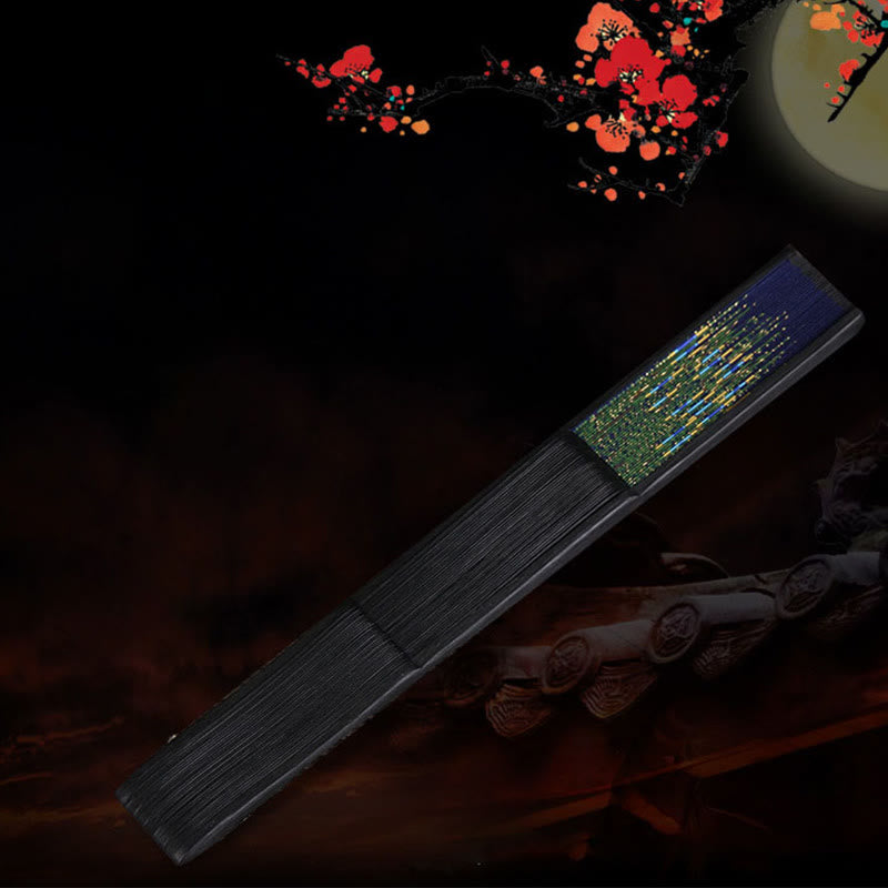 Buddha Stones Abanico de mano plegable de bambú de 21.5 cm con pluma de pavo real