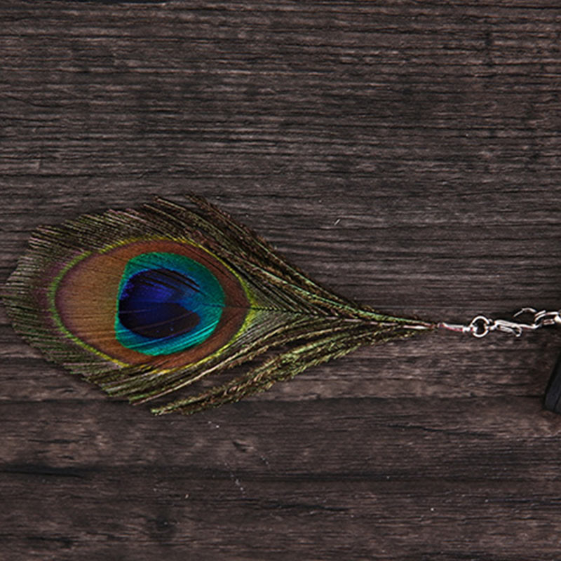 Buddha Stones Abanico de mano plegable de bambú de 21.5 cm con pluma de pavo real