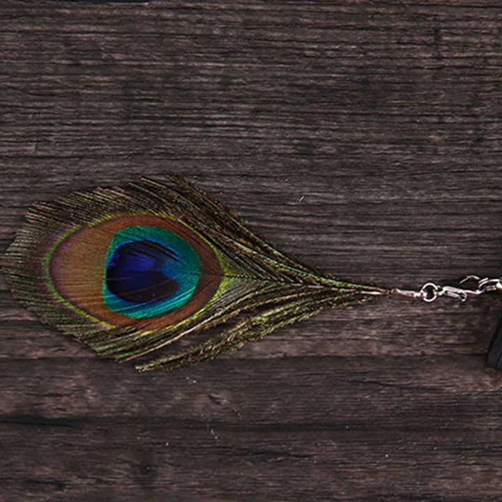 Buddha Stones Abanico de mano plegable de bambú de 21.5 cm con pluma de pavo real