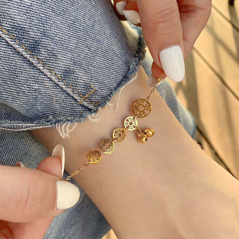 Buddha Stones Monedas de Cobre Encanto de Campana Acero de Titanio Fortalecer Tobillera