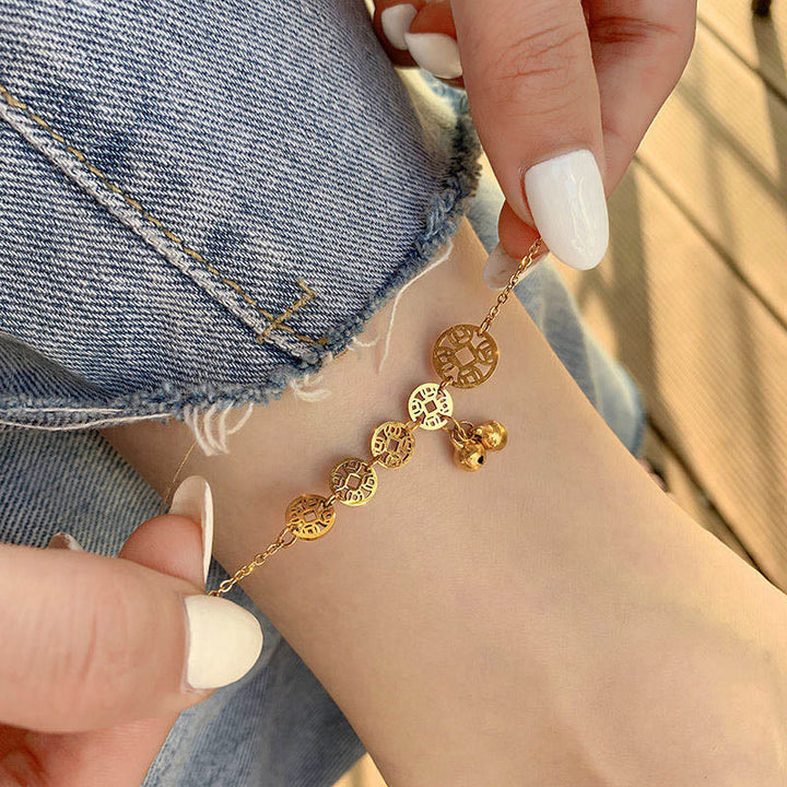 Buddha Stones Monedas de Cobre Encanto de Campana Acero de Titanio Fortalecer Tobillera