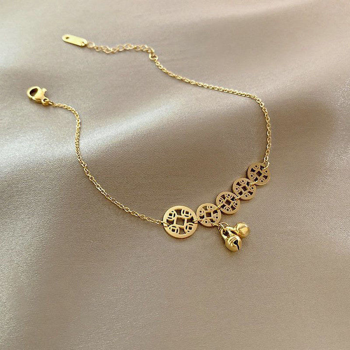 Buddha Stones Monedas de Cobre Encanto de Campana Acero de Titanio Fortalecer Tobillera