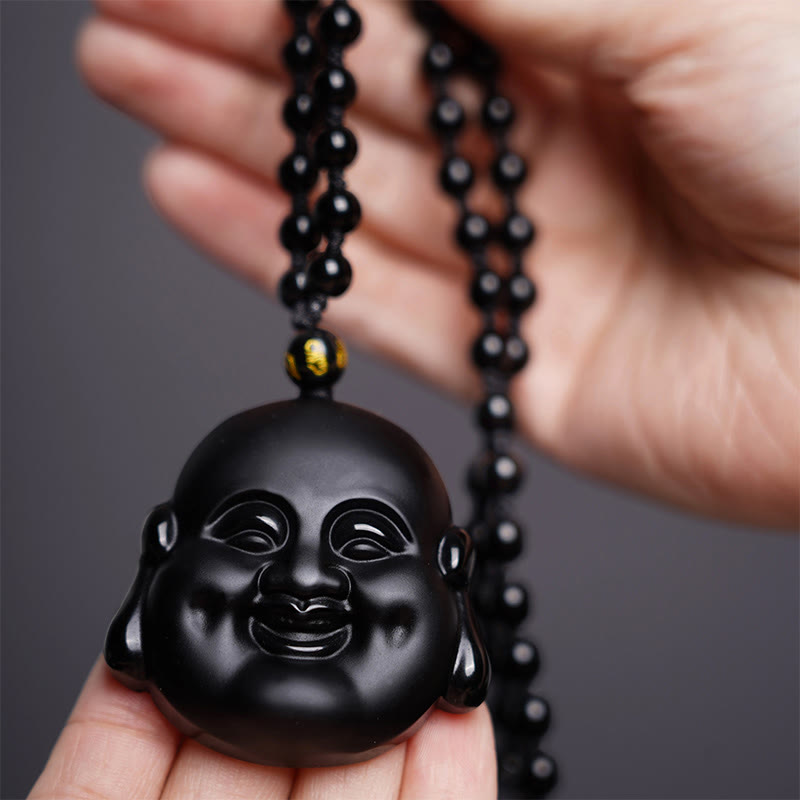 Buddha Stones Colgante de collar de purificación de Buda riendo de obsidiana negra natural