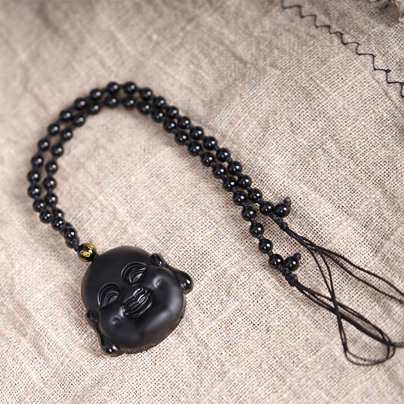 Buddha Stones Colgante de collar de purificación de Buda riendo de obsidiana negra natural