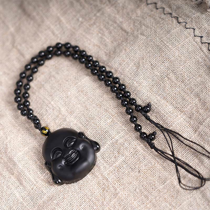 Buddha Stones Colgante de collar de purificación de Buda riendo de obsidiana negra natural