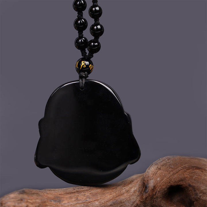 Buddha Stones Colgante de collar de purificación de Buda riendo de obsidiana negra natural