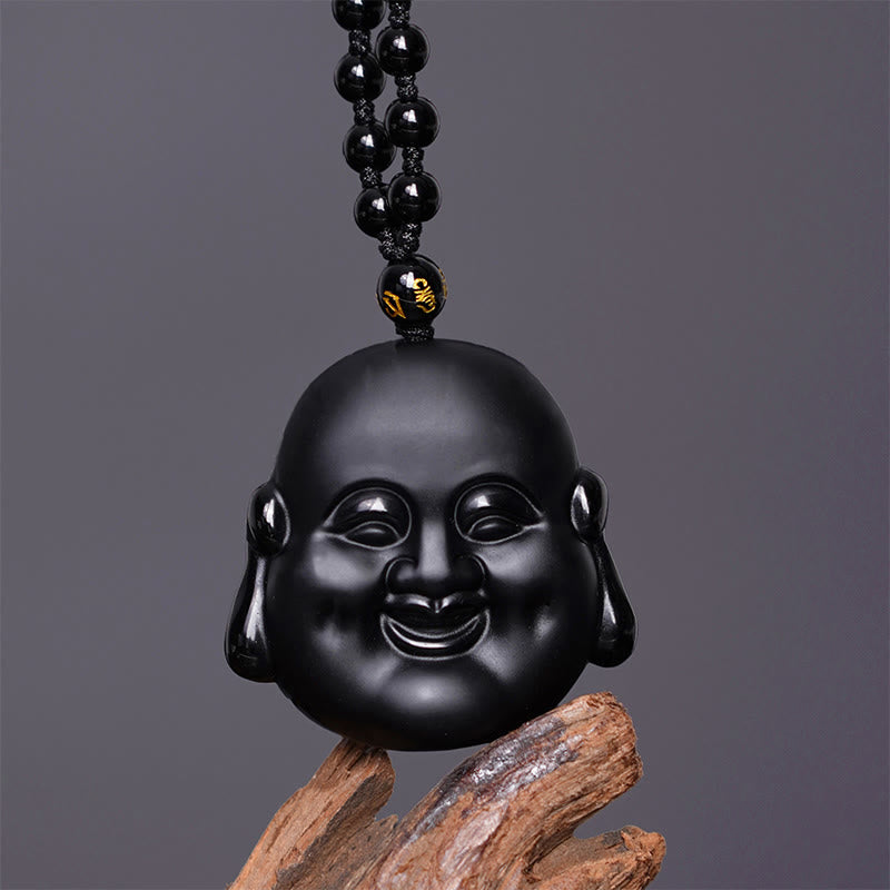 Buddha Stones Colgante de collar de purificación de Buda riendo de obsidiana negra natural