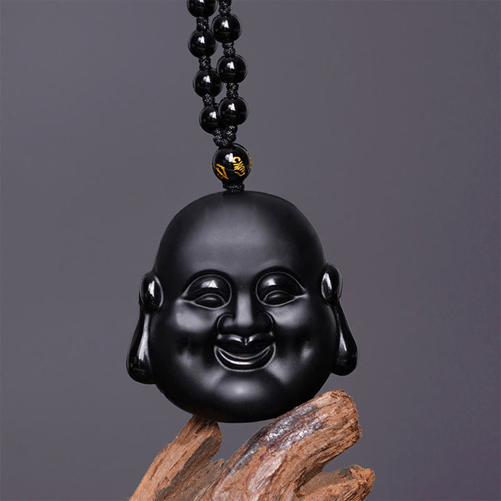 Buddha Stones Colgante de collar de purificación de Buda riendo de obsidiana negra natural