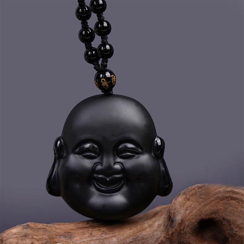 Buddha Stones Colgante de collar de purificación de Buda riendo de obsidiana negra natural
