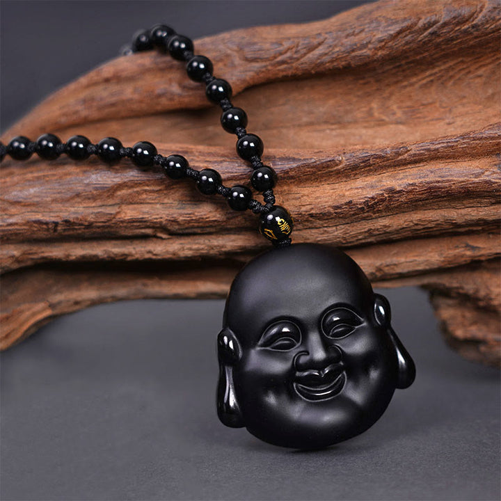 Buddha Stones Colgante de collar de purificación de Buda riendo de obsidiana negra natural