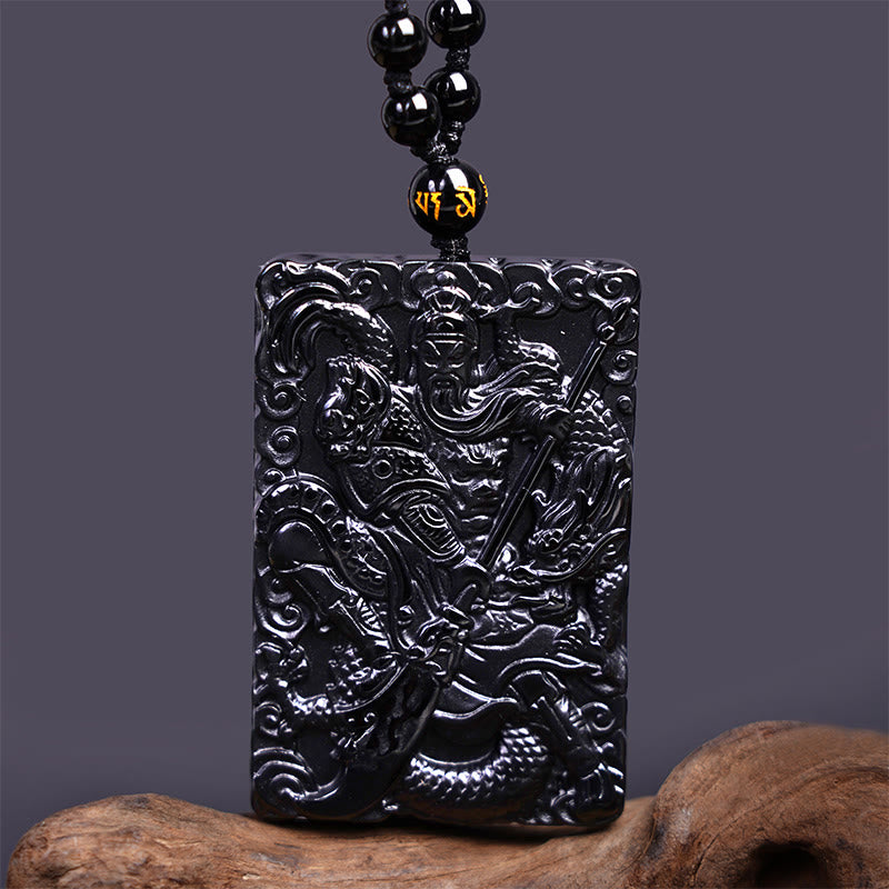 Amuleto de Guan Gong en Obsidiana Negra con Colgante de Fuerza Grabado de Buddha Stones