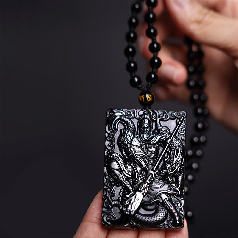 Amuleto de Guan Gong en Obsidiana Negra con Colgante de Fuerza Grabado de Buddha Stones