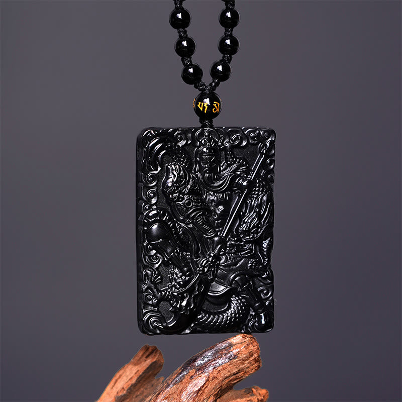 Amuleto de Guan Gong en Obsidiana Negra con Colgante de Fuerza Grabado de Buddha Stones