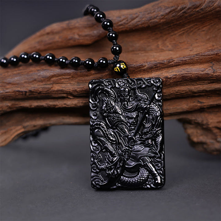 Amuleto de Guan Gong en Obsidiana Negra con Colgante de Fuerza Grabado de Buddha Stones