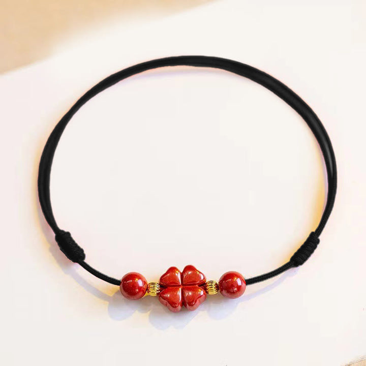 Buddha Stones Cinnabar Cuerda con Trébol de Cuatro Hojas de Bendición Tobillera