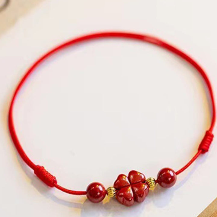 Buddha Stones Cinnabar Cuerda con Trébol de Cuatro Hojas de Bendición Tobillera