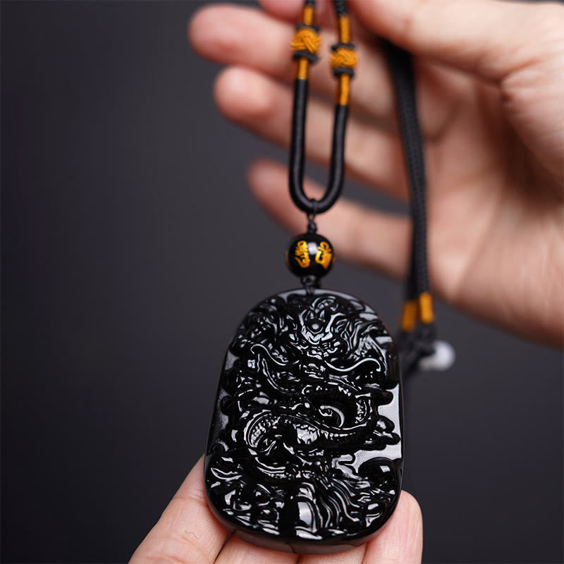 Colgante de collar protector de la suerte con dragón tallado en obsidiana negra Buddha Stones - image 3
