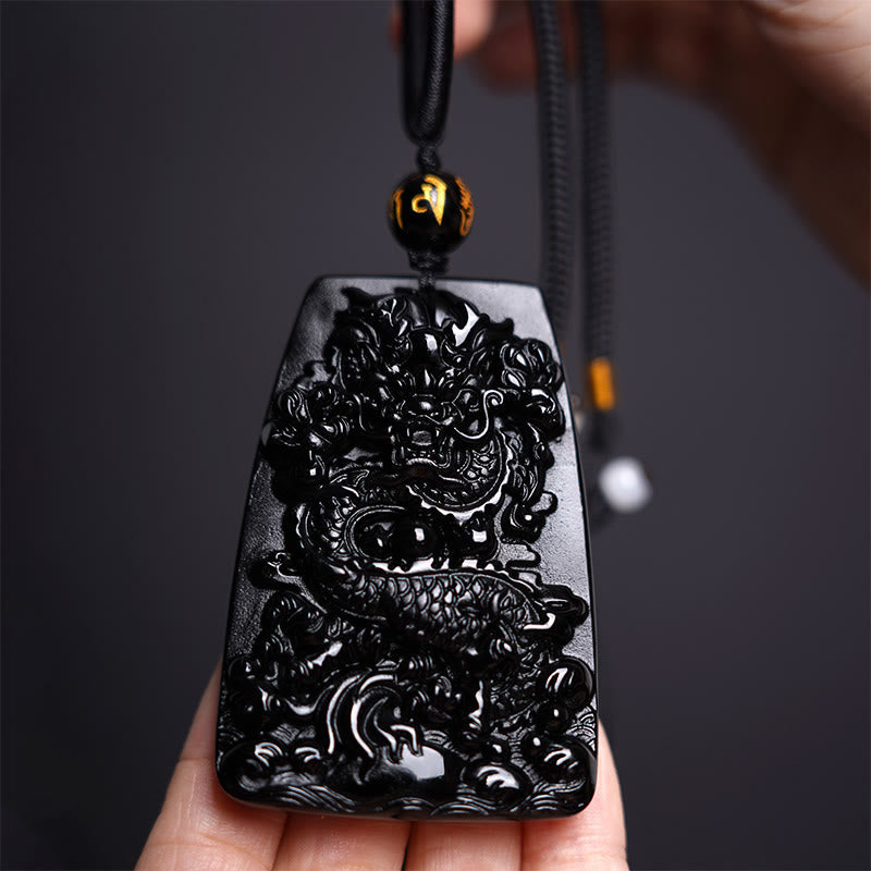Colgante de collar protector de la suerte con dragón tallado en obsidiana negra Buddha Stones - image 11