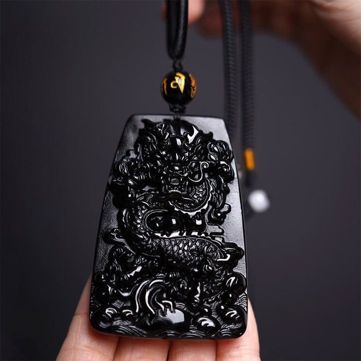 Colgante de collar protector de la suerte con dragón tallado en obsidiana negra Buddha Stones - image 11