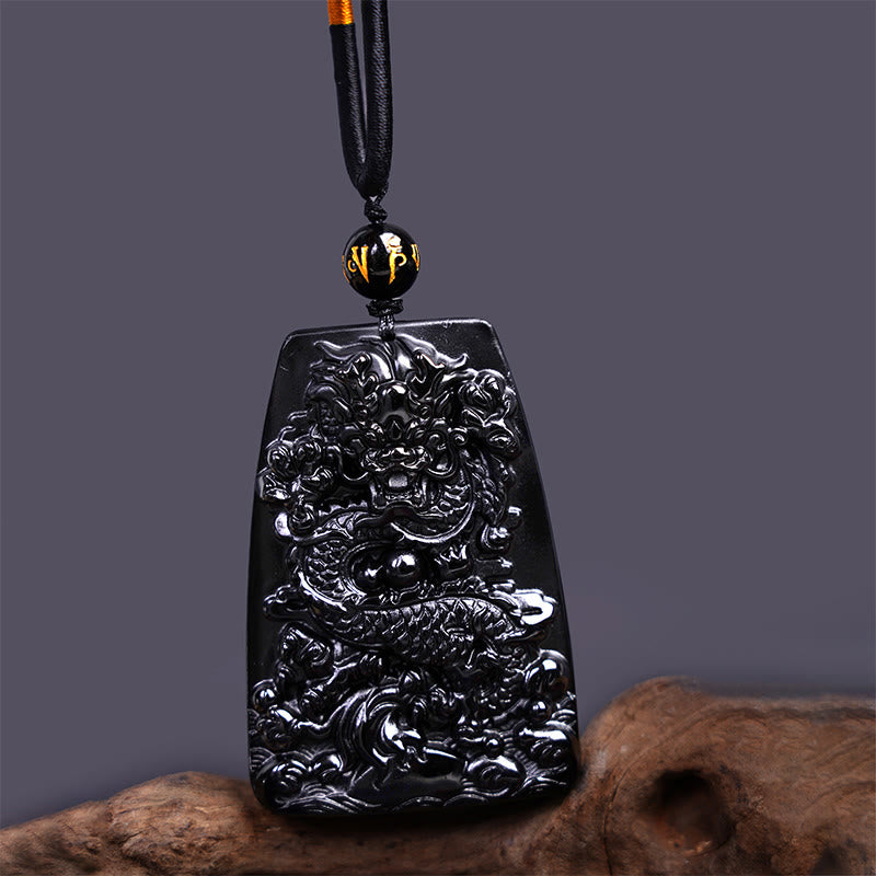 Colgante de collar protector de la suerte con dragón tallado en obsidiana negra Buddha Stones - Dragón trapezoidal 65 mm x 44 mm - image 9