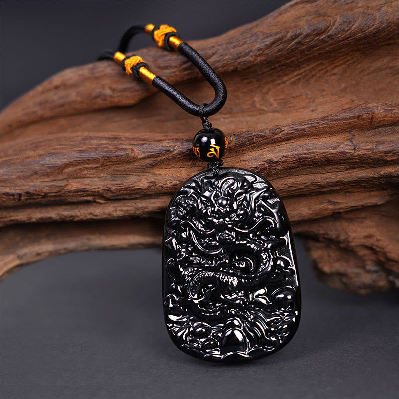 Colgante de collar protector de la suerte con dragón tallado en obsidiana negra Buddha Stones - image 4