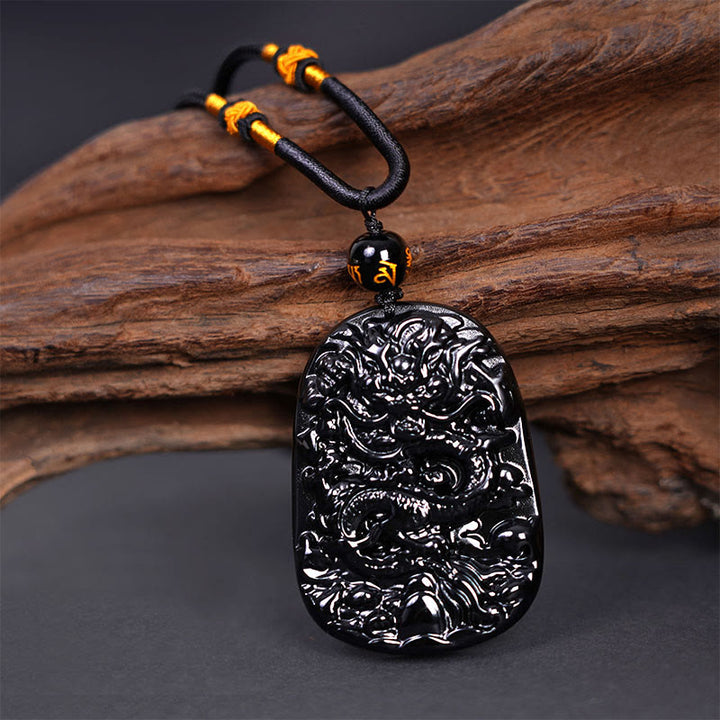 Colgante de collar protector de la suerte con dragón tallado en obsidiana negra Buddha Stones - image 4