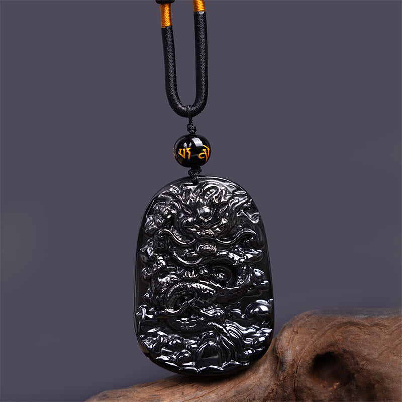 Colgante de collar protector de la suerte con dragón tallado en obsidiana negra Buddha Stones - Dragón ovalado 58 mm x 41 mm - image 1