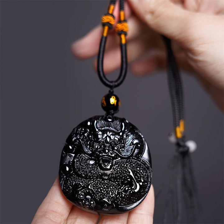 Buddha Stones Colgante de protección de obsidiana negra natural redonda con dragón tallado - image 3