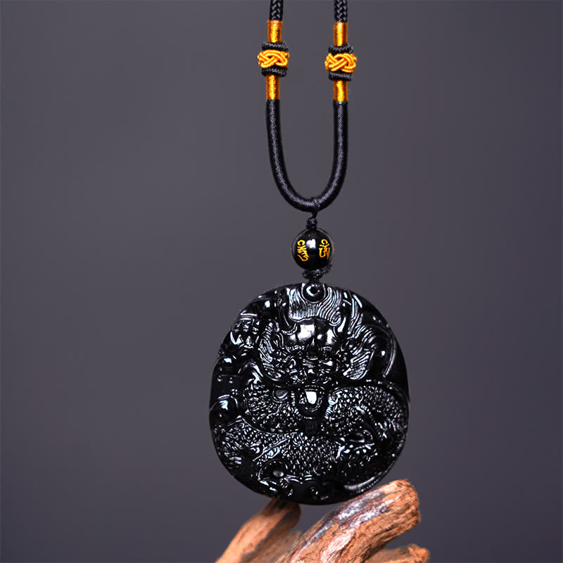 Buddha Stones Colgante de protección de obsidiana negra natural redonda con dragón tallado
