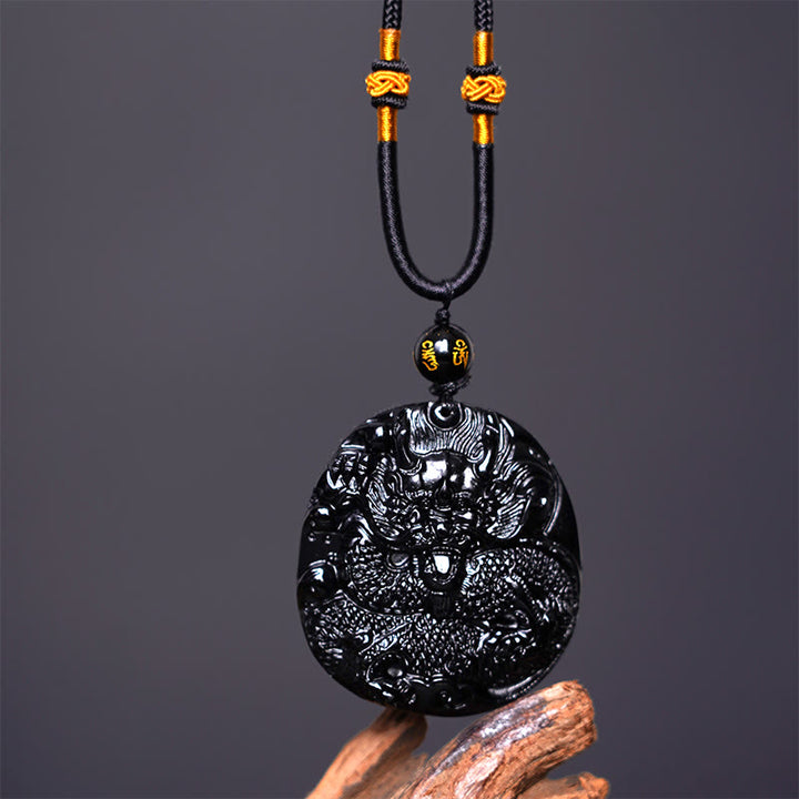 Buddha Stones Colgante de protección de obsidiana negra natural redonda con dragón tallado