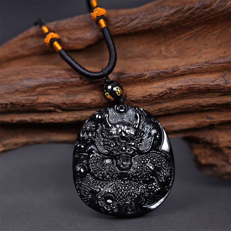 Buddha Stones Colgante de protección de obsidiana negra natural redonda con dragón tallado - Dragón 45 mm x 48 mm - image 1