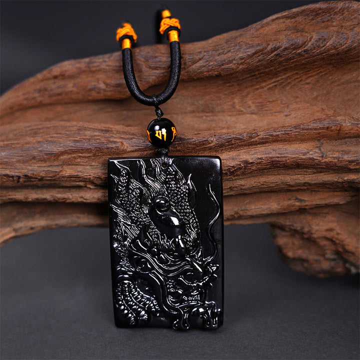 Buddha Stones Colgante de Éxito Rectangular con Dragón Grabado Natural de Obsidiana Negra - image 11