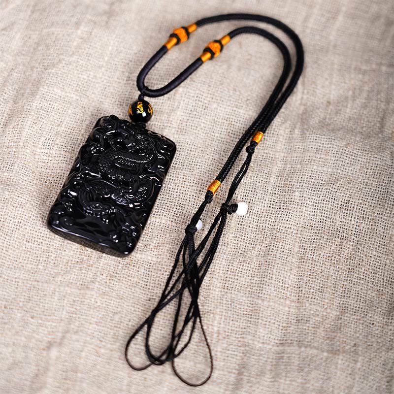 Buddha Stones Colgante de Éxito Rectangular con Dragón Grabado Natural de Obsidiana Negra - image 6