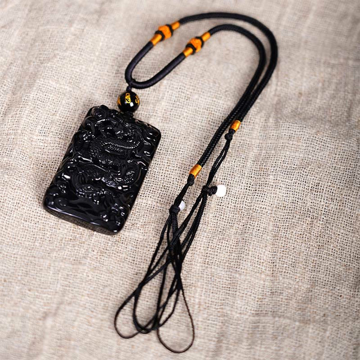 Buddha Stones Colgante de Éxito Rectangular con Dragón Grabado Natural de Obsidiana Negra - image 6