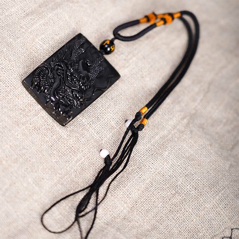 Buddha Stones Colgante de Éxito Rectangular con Dragón Grabado Natural de Obsidiana Negra - image 13