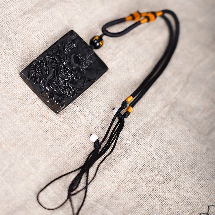 Buddha Stones Colgante de Éxito Rectangular con Dragón Grabado Natural de Obsidiana Negra - image 13