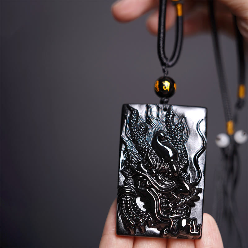 Buddha Stones Colgante de Éxito Rectangular con Dragón Grabado Natural de Obsidiana Negra - Dragón 61 mm x 40 mm - image 9