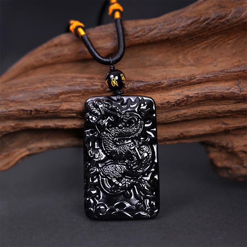 Buddha Stones Colgante de Éxito Rectangular con Dragón Grabado Natural de Obsidiana Negra - image 2