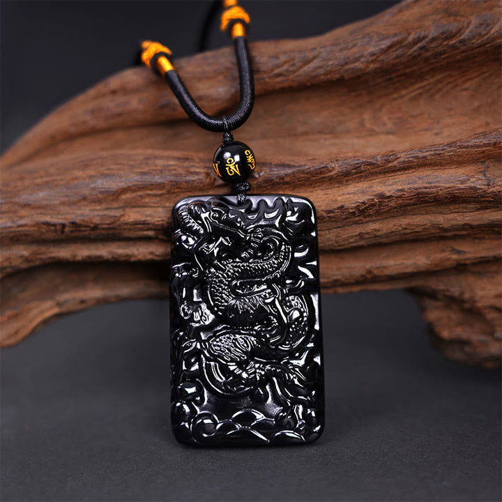 Buddha Stones Colgante de Éxito Rectangular con Dragón Grabado Natural de Obsidiana Negra - image 2