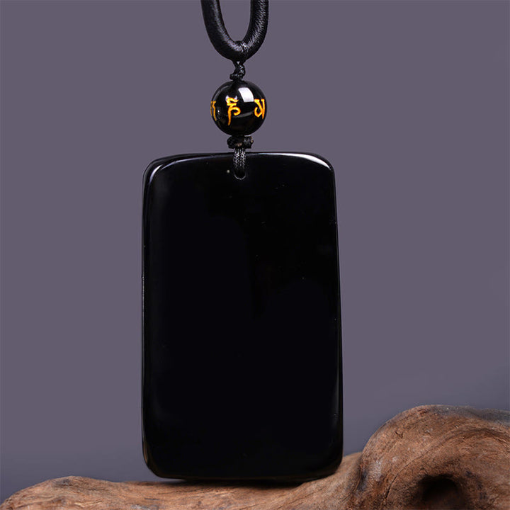Buddha Stones Colgante de Éxito Rectangular con Dragón Grabado Natural de Obsidiana Negra - image 5