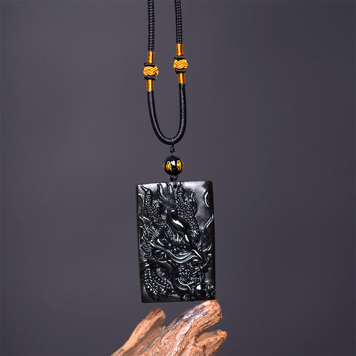 Buddha Stones Colgante de Éxito Rectangular con Dragón Grabado Natural de Obsidiana Negra - image 10