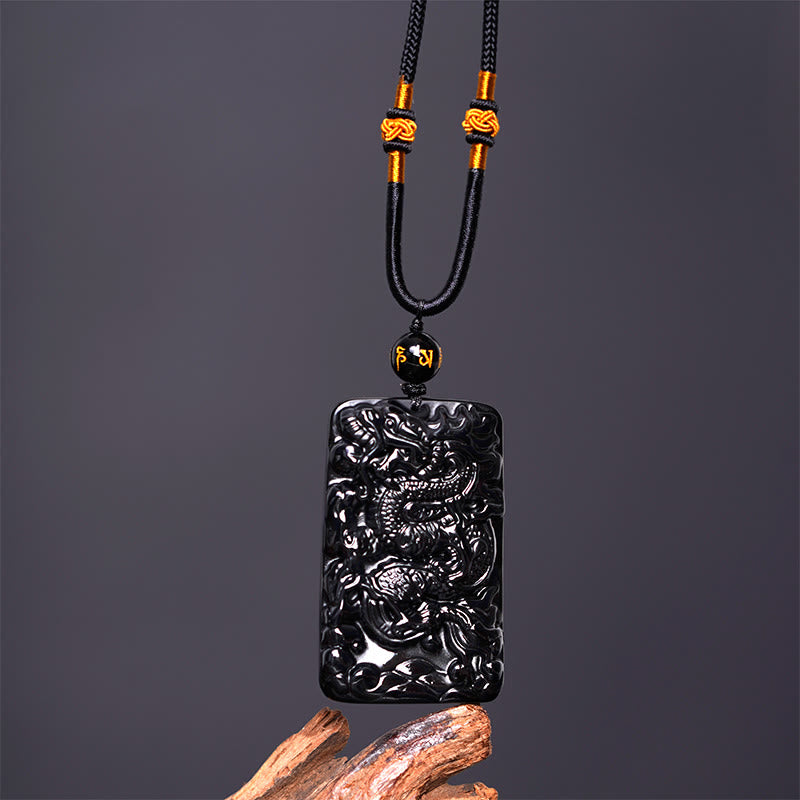 Buddha Stones Colgante de Éxito Rectangular con Dragón Grabado Natural de Obsidiana Negra - image 4
