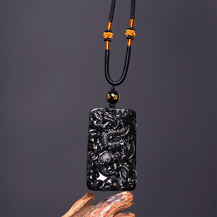 Buddha Stones Colgante de Éxito Rectangular con Dragón Grabado Natural de Obsidiana Negra - image 4